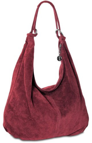 Caspar Große Damen Vintage Veloursleder Tasche Samtweiche Schultertasche aus Leder - CLASSIC LINE - Modell No.617 - Made in Italy, Farbe:weinrot