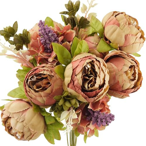 FiveSeasonStuff Vintage Artificial Flowers Brown Peony and Hydrangeas | Wedding, Bridal, Home, Office Décor (1 Bouquet)