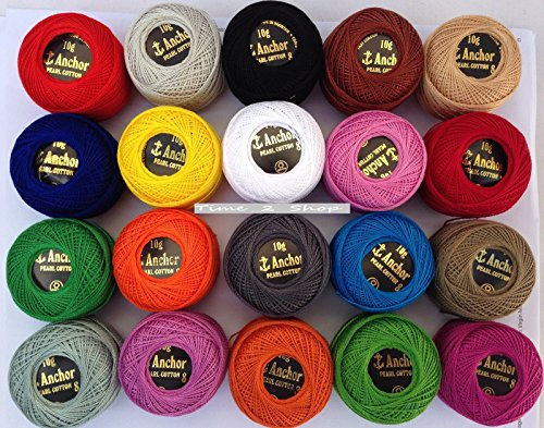 Anchor, 20 gomitoli di cotone Taglia 8 (85 metri ciascuno), ottima qualità per ricamo