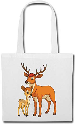 Reifen-Markt Tasche Umhängetasche GROßER HIRSCH MIT KLEINEM REHKITZ BAMBI - REH - HIRSCH - JÄGER - HOCHSITZ Einkaufstasche Schulbeutel Turnbeutel in Weiß