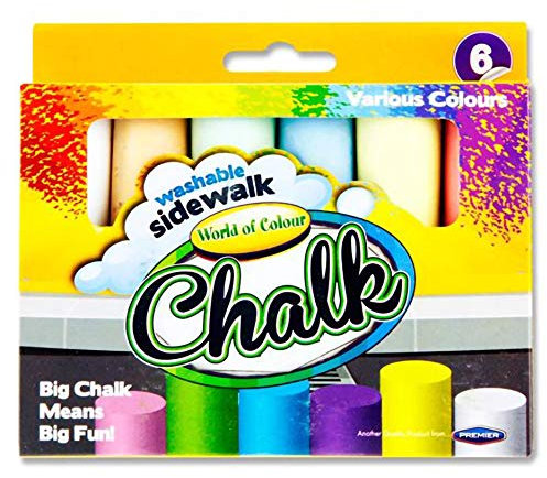 Premier Stationery World of Colour Pavement Chalk for Children, Garden Games, Chunky Chalks for Toddlers, Easy to Wash, Sidewalk Chalk, Bright Colours ( Pack of 6 Assorted Colours)