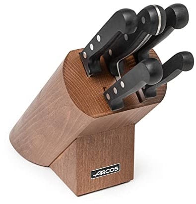 Arcos Juego de Cuchillos. 5 piezas en Acero Inoxidable Nitrum. Bloque madera pino. Mango ergonómico polioximetileno POM. 2950 gr. Serie Universal. Mayor control. Color negro.