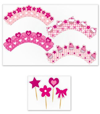 Pretty Pink Cupcake Wraps Pack of 12 with 24 Decorative Picks in 4 Designs