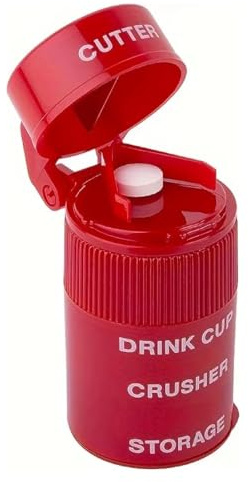 Ezy Dose Pill Crusher, Cutter and Grinder, Crushes Pills, Vitamins, Tablets, Stainless Steel Blade, Removable Drinking Cup, Red, 1 Count (Pack of 1)