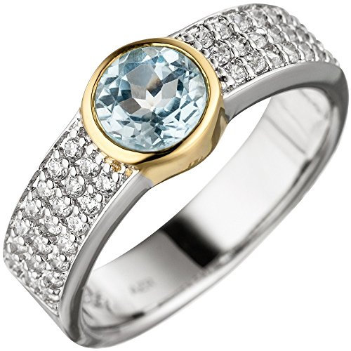 Schmuck Krone Ring Damenring mit Blautopas rund hellblau Zirkonia 925 Silber teilvergoldet, Ringgröße:Innenumfang 54mm ~ Ø17.2mm