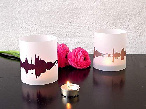 Köln Skyline Windlicht 2er Set Lichthülle - Tischlicht Geschenk-Idee Deko personalisierbar mit eigenem Namen Text Datum Spruch Botschaft