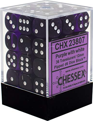 Chessex Translucent 12mm d6 with pips Dice Blocks (36 Dice) - Purple w/White