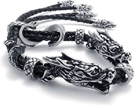 Feilok Vintage Drache Köpfe Phönix Schwanz verstellbar Armband/Armreif für Damen/Herren, mit Schwarz Leder Kord