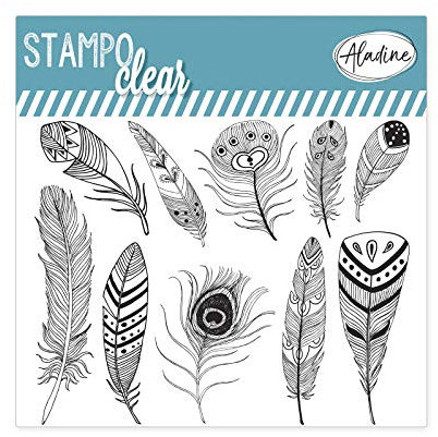 Aladine - Stampo Clear Plumes - Tampons Transparents Créatifs - DIY et Scrapbooking - Placement Précis des Motifs - Planche de 10 Tampons en Silicone
