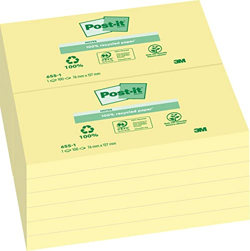 Post-it Recycled Notes, Canary Yellow, 76 mm x 127 mm, 12 Pads