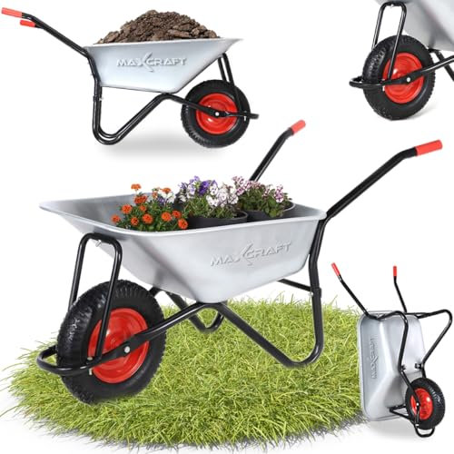 MAXCRAFT Brouette de Chantier 250 kg 100 L Chariot Transport Jardin Pneus avec Chambre à Air Poignée en Caoutchouc Dur - Argent Noir