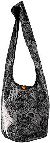 CCcollections Sling Bag Baumwolle – Große Boho Hippie Hobo Handtasche – 40 Drucke – Unisex Umhängetasche (Black Paisley)