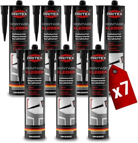 PRITEX – Profi Montagekleber Weiß 7x 300 ml – Baukleber für Holz-Paneele, Kabelkanäle, Sockelleisten, Styropor, Fliesen, Beton uvm. – haftstarker Universalkleber auf Acrylatdispersion-Basis für innen