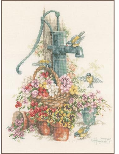 Lanarte Kreuzstich Stickpackungen Gezählter Kreuzstichbilder Set BLUMEN/WASSERPUMPE Wanddekoration Handarbeit Set für Erwachsene 29 x 39 cm DIY Deko Bastelset Handwerker Kreative Geschenkset