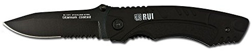Coltello Rui K25 11074. Manico rivestito di gomma. Lama Alluminio/Bagno Titanio. Lama 8 cm con custodia