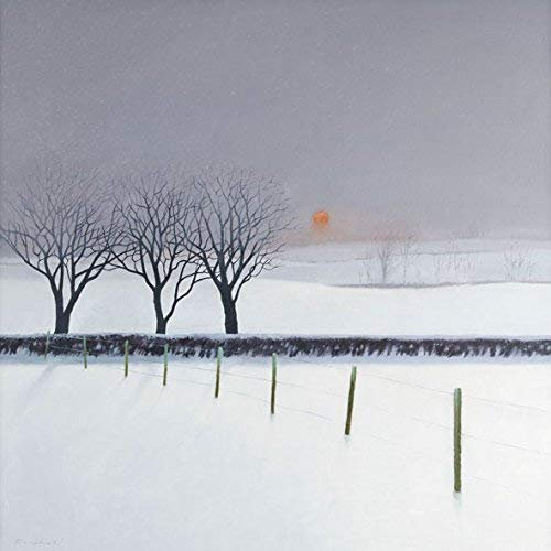 drei Winterbäume art quer Grußkarte von Heather Blanchard. Schnee- und in einer Landschaft Bäume blattlos. Druck auf hochwertigem Struktur, ideal als Weihnachtskarte. Innen mit weißem Umschlag unlinierte.