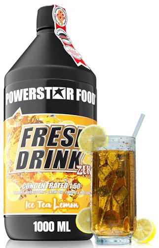 Powerstar FRESH DRINK ZERO | Zuckerfrei | Fitness Getränke-Sirup mit L-Carnitin, Magnesium & Vitaminen | 1L Vital-Konzentrat mit Wasser zu 50L hypotonischem Sport-Drink mischen | Ice-Tea Lemon