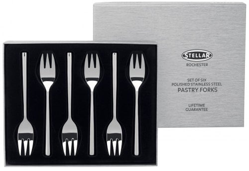 Stellar Rochester 6 Piece Stainless Steel Pastry Fork Set for 6 Place Setting, Gift Box, Dishwasher Safe