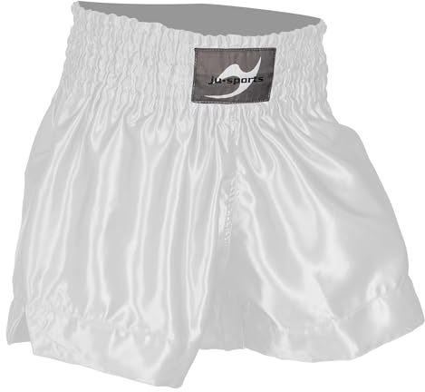 Ju-Sports Thaiboxhose Color Weiß I Thaibox Shorts im typischen Thai-Schnitt I 100% Polyester I Breiter Boxerbund & Zusatzschnürung I Auch für Kickboxen UVM.