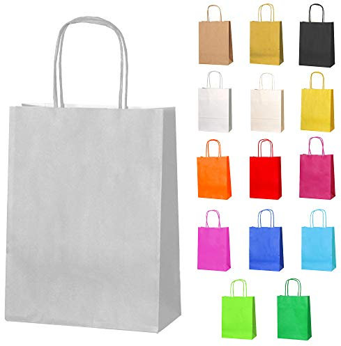 Thepaperbagstore 50 Silver/Light Grey Small Paper Party Bags With Handles - 18x22x8cm - Colourful Paper Gift Bags for Kids and Adults Parties, Birthdays, Weddings, Baby Showers, Hen Parties and Sweets