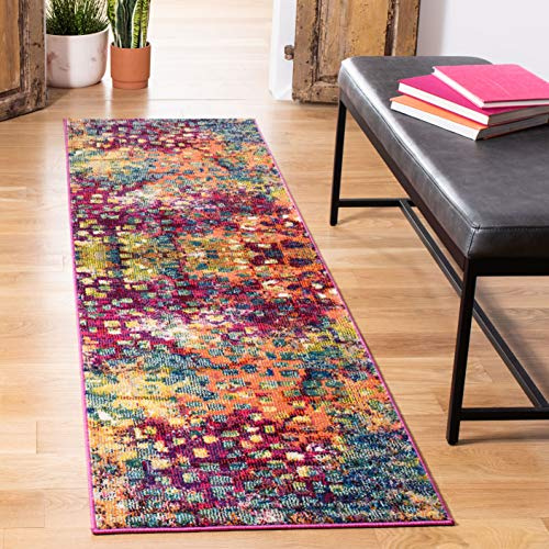 SAFAVIEH Monaco Collection Runner Rug - 2'2 x 12', Pink & Multi, Boho Chic Abstract Watercolor Design, Non-Shedding & Easy Care, Ideal for High Traffic Areas in Living Room, Bedroom (MNC225D)