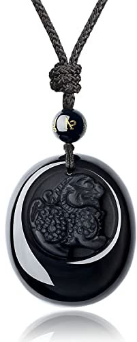 COAI Collier Ajustable Pendentif Totem Chinois Pixiu Amulette Obsidienne Noire Unisexe