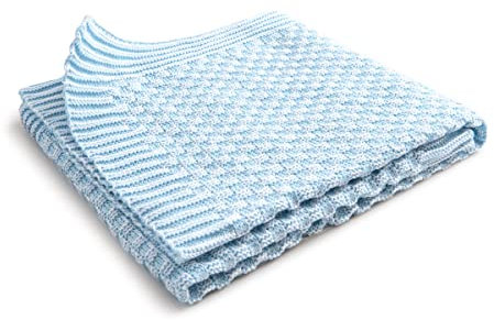 Erstlingsdecke/Babydecke/Kuscheldecke/Strickdecke aus 100% Bio Baumolle kba 80 x 80 cm hellblau/weiss