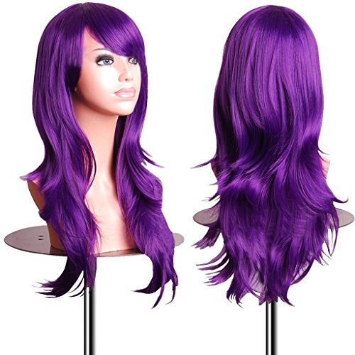 EmaxDesign 70cm qualitativ hochwertige Cosplay Perücke Für Frauen. Lang Voll, Lockig Wllig Heiz resistent. Fashion Glamourös Haarteil mit kostenlosen Perücke Kappe & Kamm (Farbig: Dunkles Violett)