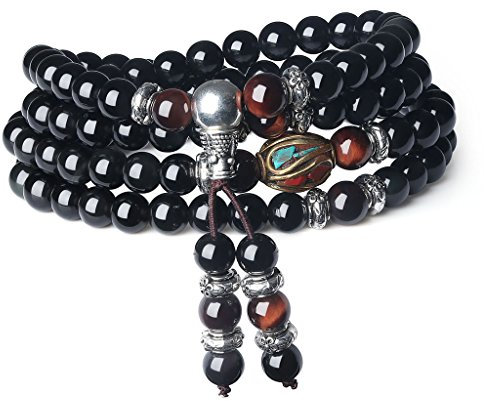 COAI Geschenkideen Unisex 108 Mala Armband aus Obsidian und Rotes Tigerauge Wickelarmband Gebetskette