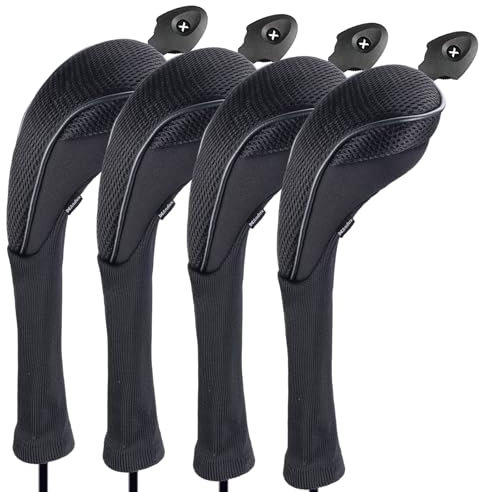 Andux Long Neck Golf Hybrid Club Head Covers with Dial No. Tag CTMT-01 (Black/Black,4pcs)