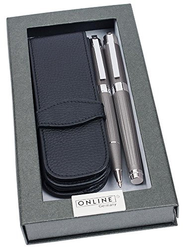 ONLINE Stone Grey Set Metall-Füllhalter/Kugelschreiber incl. Echtleder-Etui, in hochwertiger Geschenkverpackung