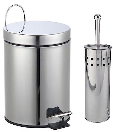 Bathroom Set Toilet Brush with Brush Holder and Pedal Bin 3 Litres Stainless Steel