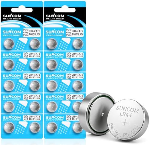 SUNCOM (20 pcs) AG13 Alkaline 1.5V Button Cell Battery Single Use LR44 A76 G13R S76E MS76H MS76 Watch Toys Remotes Cameras