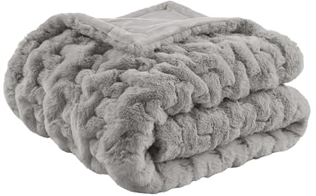 Madison Park Luxuriöser Überwurf mit gerüschtem Fell, hochwertig, weich, gemütlich, gebürstet, langes Kunstfell für Bett, Couch oder Sofa, 127 x 152,4 cm, Grau