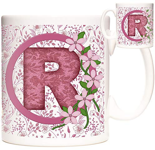 Letter R Gift Mug, Monogram R Mug, Alphabet Letter R Mug, Birthday or Celebration Gift for People Who's Name Begins with R. Pink Flower Design Mug, Initial Letter R Gift.