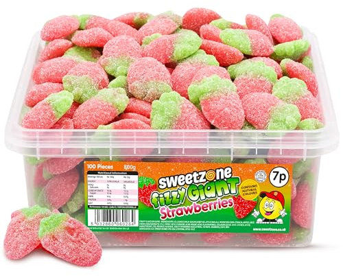 Sweetzone Fizzy Giant Strawberry Gummy Sweets 800g - 100pcs Tub of Sweets - Retro Sweets Gummy Strawberries - Halal Sweets, Bulk Sweets