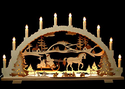 Großer Schwibbogen 70cm - Weihnachtsmann auf Schlitten mit Pferd - Handarbeit Erzgebirge