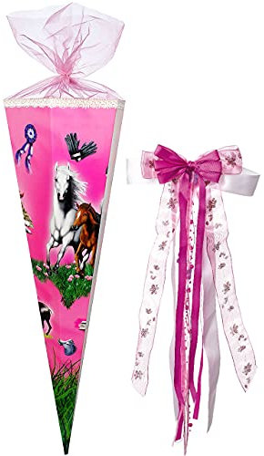alles-meine.de GmbH Schultüte - Pferde & Reiter - 85 cm - 6-eckig - incl. große Schleife - Tüllabschluß - Zuckertüte - mit/ohne Kunststoff Spitze - für Mädchen - Reiterin /..