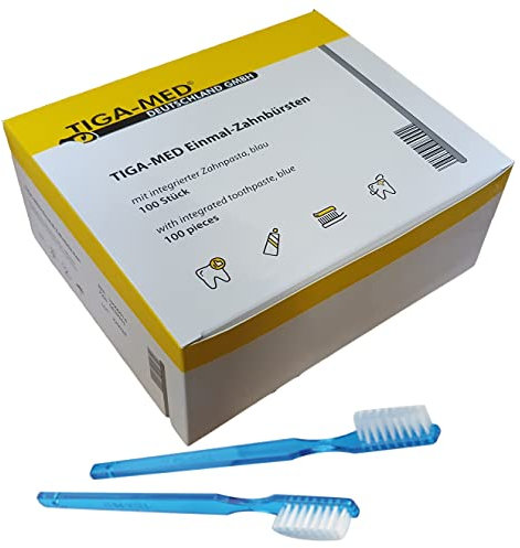 Tiga-Med Einmalzahnbürsten 300 Stück mit integrierter Zahnpasta, ovaler Kopf, Nylonborsten, Kunststoffgriff, Mittel, Einweg, 15 cm lang, hygienisch verpackt, für Institutionen und Reisende