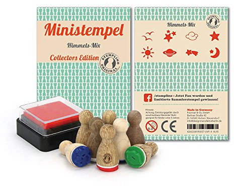Stemplino Stempelset Himmel - 8 Ministempel aus Holz Plus Stempelkissen, Mini Stempel Set Mix: Vögel, Sterne, Wolke, Stern, Sonne, Saturn, Sternschnuppe, Mond