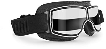 BERTONI Motorradbrille Schutzbrille für Harley Davidson Chopper und Scrambler aus schwarzem Leder und Chrom Rahmen mod. 188 (Transparente Linse)