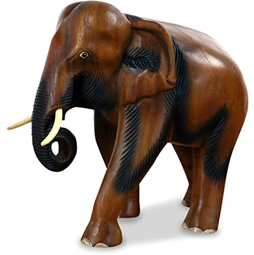 livasia Holzelefant Rüssel unten (Glückselefant), asiatischer Deko Elefant, Tierskulptur (mittlerer Elefant)