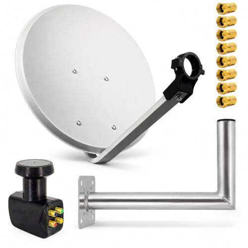 PremiumX SAT Anlage 45cm Hellgrau Satelliten-Antenne Stahl Satellitenschüssel Quad LNB Wandhalter 45cm F-Stecker bis 4 Teilnehmer