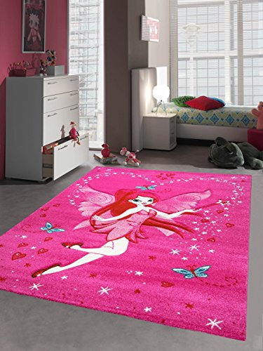 Kinderteppich Spielteppich Kinderzimmer Teppich Zauberfee mit Schmetterlinge Pink Creme Rot Türkis Größe 140x200 cm