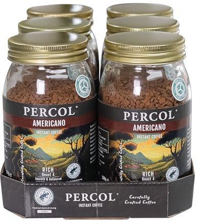 PERCOL Rainforest Alliance All Day Americano Instant Coffee Rich, Aromatic Full-Bodied Blend 100% Arabica Beans Freeze-Dried - 100g 6 Pk