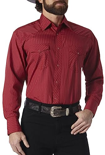 Wrangler Men's Sport Western Two Pocket Long Sleeve Snap Shirt, Wine, XXL Tall