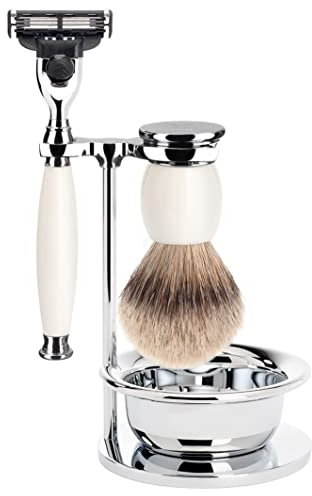 MÜHLE Rasierset mit Schale - Sophist Serie - Silberspitz Dachszupf - kompatibel mit Gillette-Klingen - Porzellan weiß