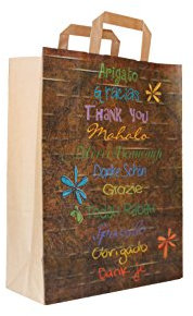 Papiertragetaschen mit Flachhenkel braun 80 g/qm Motiv: Danke in 11 Sprachen 26 + 12 x 35 cm (25 Stück)
