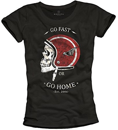 MAKAYA Magliette con Casco Motocross Teschio T-Shirt Moto Skull Donna L