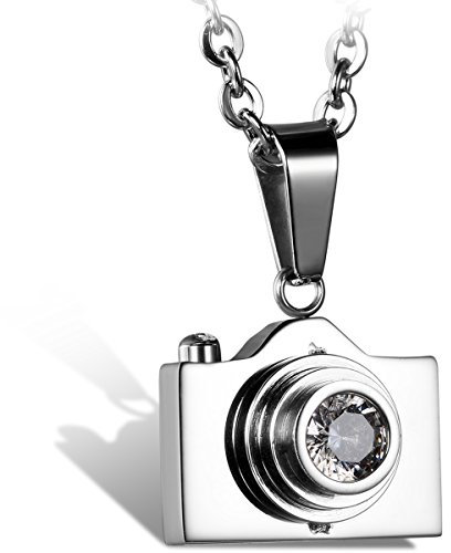 Flongo Partnerketten Partner Anhänger Halskette, Edelstahl Anhänger Halskette CZ Zirkon Zirkonia Silber Schwarz Kamera Einzigartig Herren,mit 55cm Kette